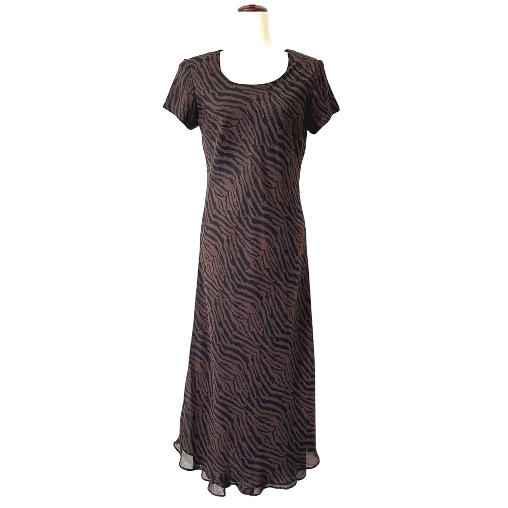 VTG 90s Y2K Zebra Print Maxi Dress Brown Black Jessica Howard 10 Animal Print